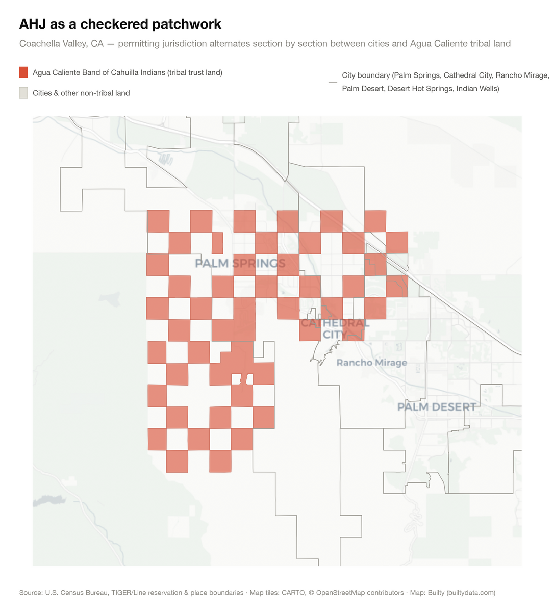 Map of Palm Springs, CA showing the Agua Caliente Band of Cahuilla Indians' reservation boundary, a checkerboard pattern of alternating land sections interleaved with City of Palm Springs jurisdiction.